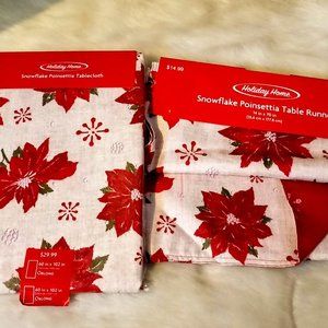 Holiday Home Snowflake Poinsettia Tablecloth & Runner NEW